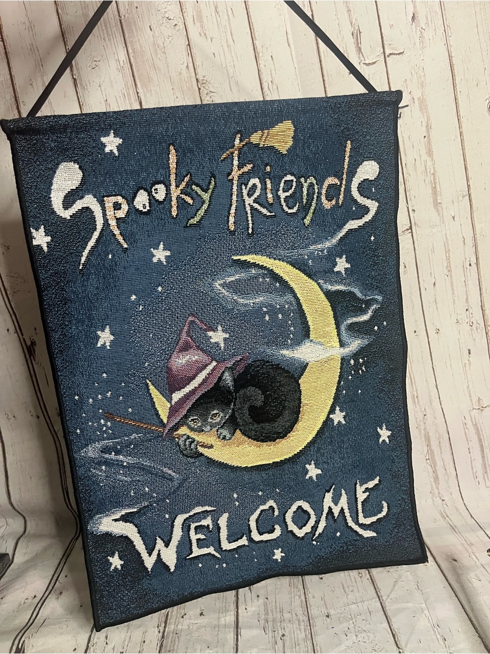 Spooky Friends Welcome Halloween Tapestry Wall Hanging Black Cat Witch Moon